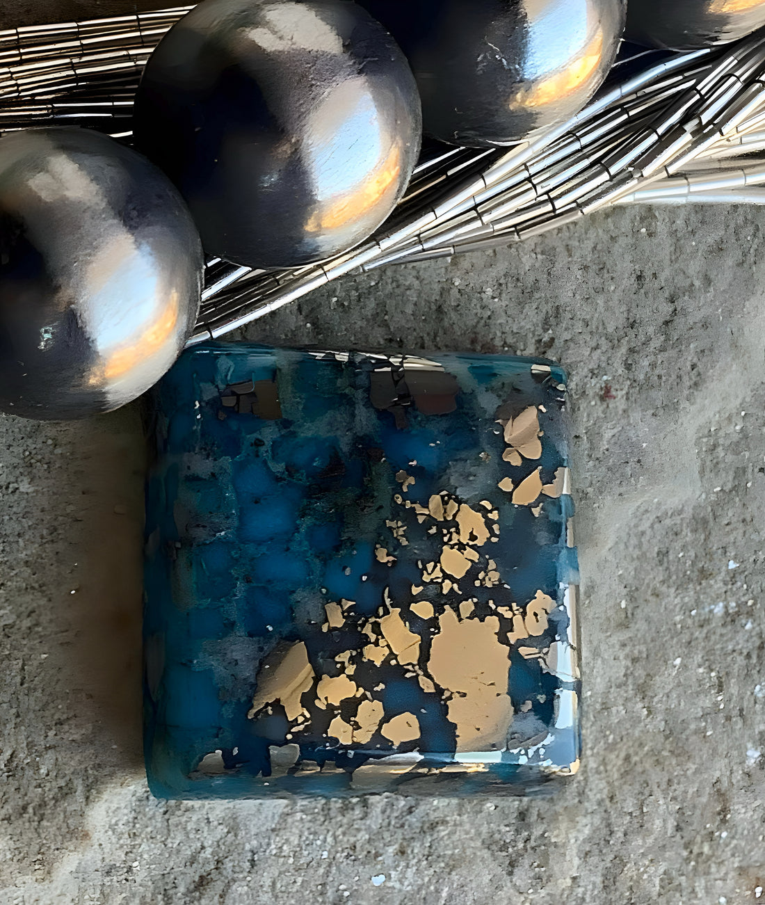 Persian Turquoise Square Gemstone With Silver Pyrite