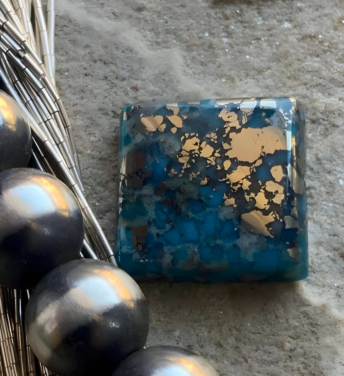 Persian Turquoise Square Gemstone With Silver Pyrite
