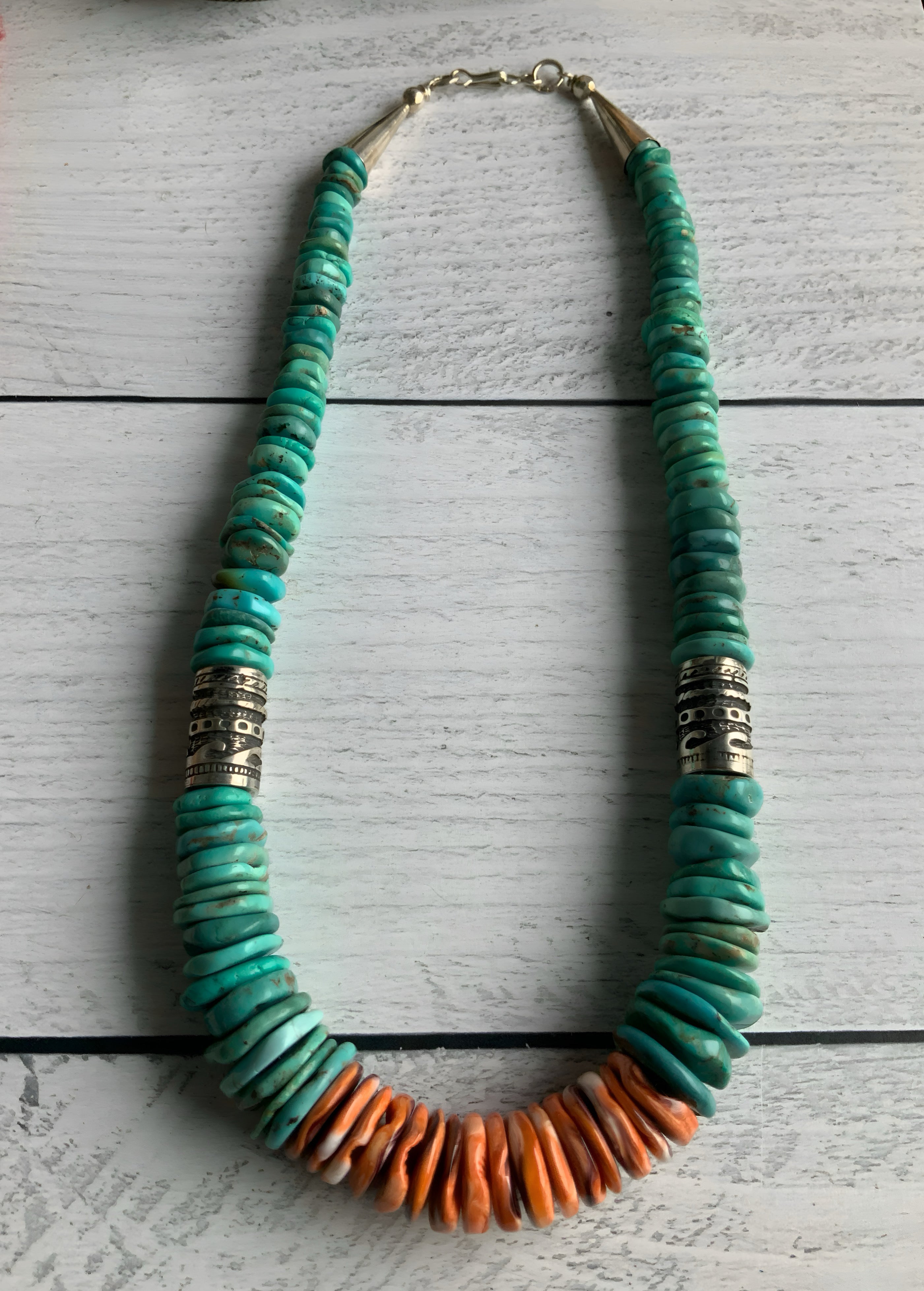 Turquoise and Spiny Oyster Graduated Disc Bead Necklace With Sterling Silver Singer Type Southwestern Beads