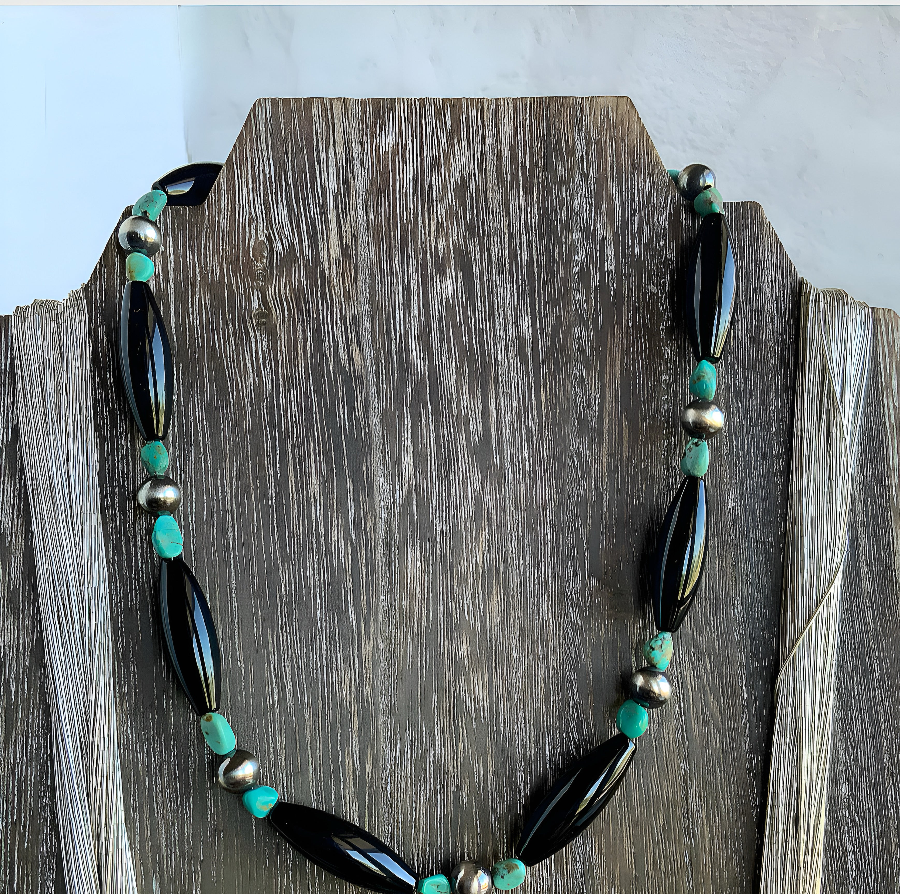 Southwest Style Necklace with Black Onyx, Turquoise and Sterling Silver