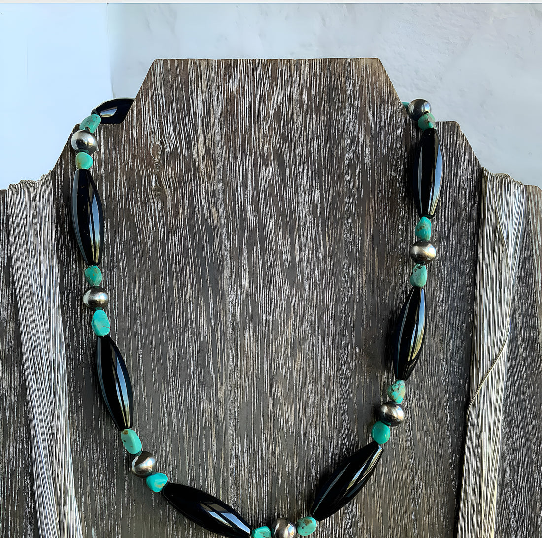 Southwest Style Necklace with Black Onyx, Turquoise and Sterling Silver