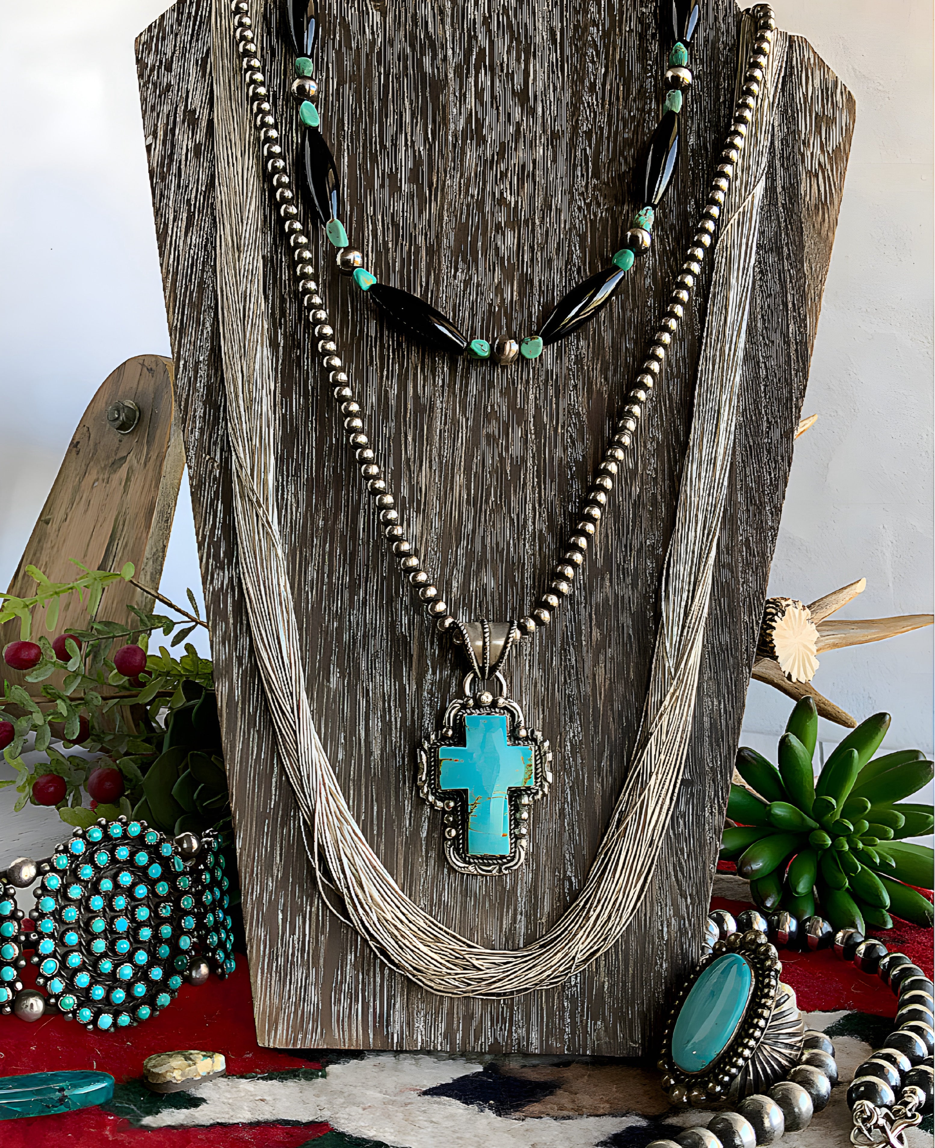 Southwest Style Necklace with Black Onyx, Turquoise and Sterling Silver