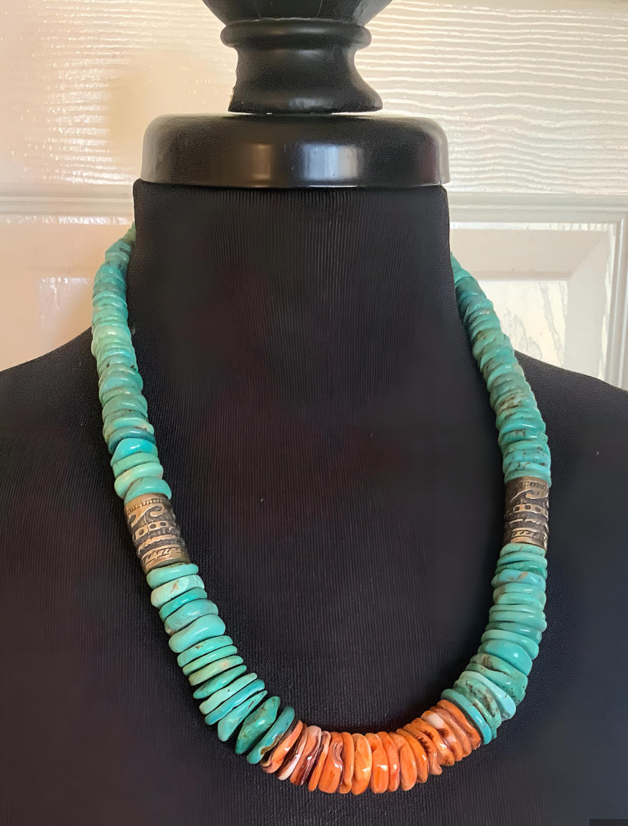 Turquoise and Spiny Oyster Graduated Disc Bead Necklace With Sterling Silver Singer Type Southwestern Beads