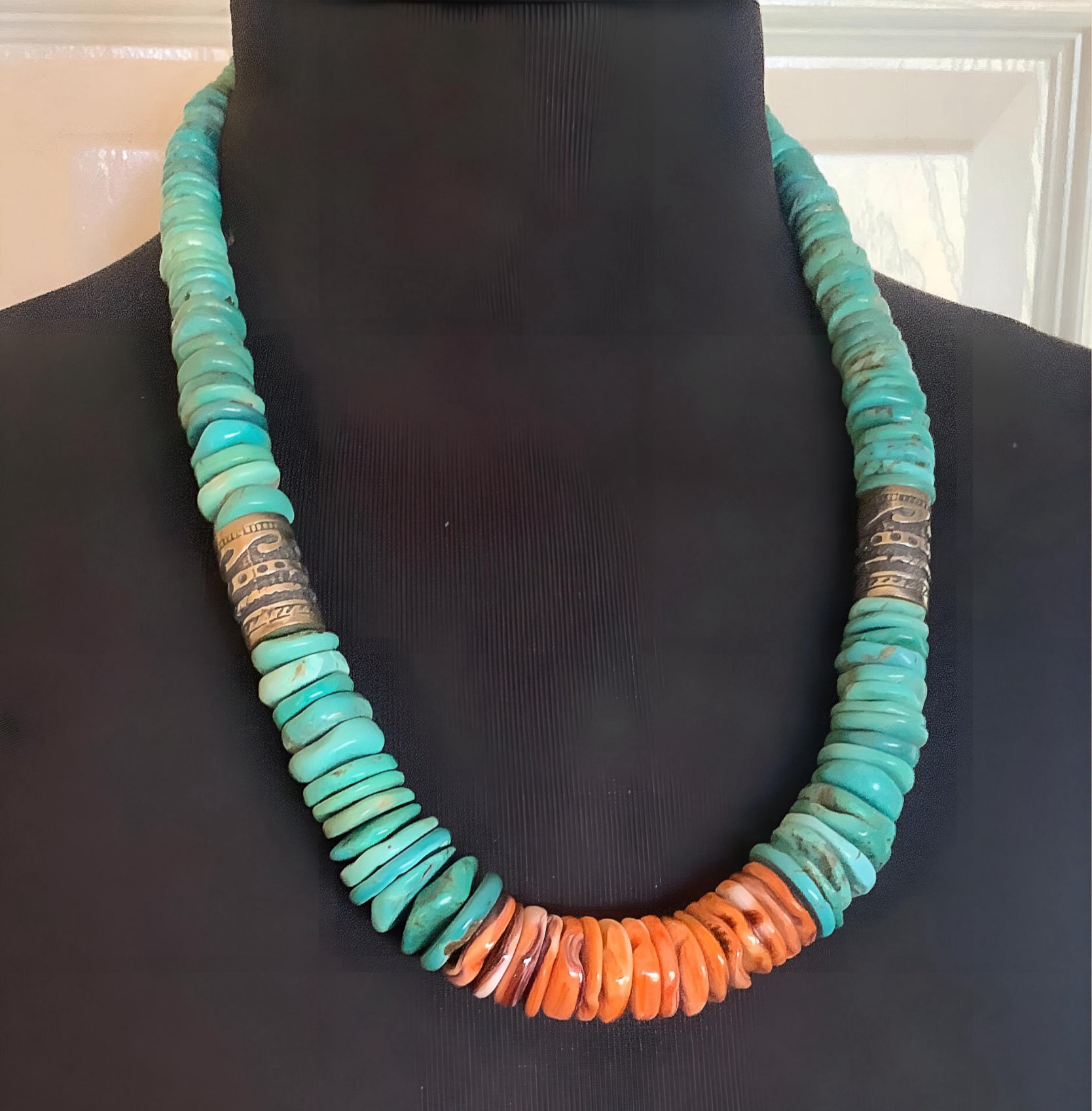 Turquoise and Spiny Oyster Graduated Disc Bead Necklace With Sterling Silver Singer Type Southwestern Beads