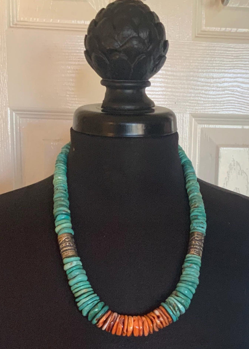 Turquoise and Spiny Oyster Graduated Disc Bead Necklace With Sterling Silver Singer Type Southwestern Beads