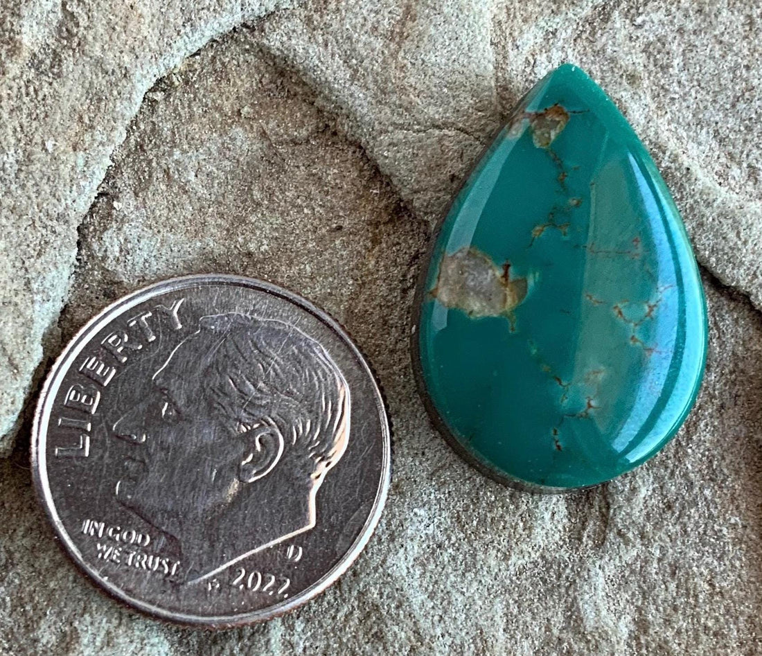 Beautiful Royston Turquoise Green Teardrop Cabochon With Quartz Inclusions