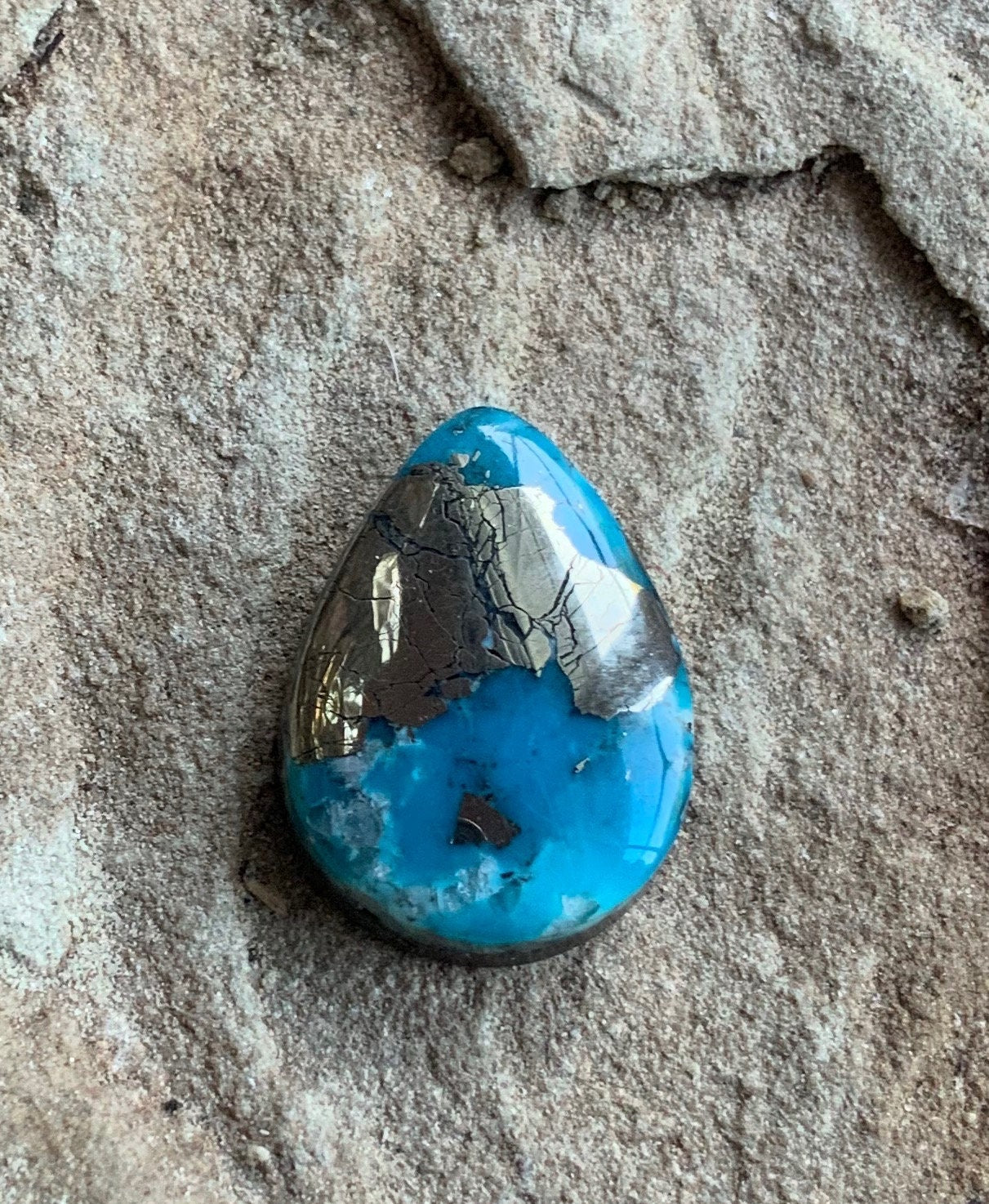 Beautiful High Grade Ithaca Peak Turquoise Teardrop Cabochon With Silver Pyrite & Quartz Inclusions