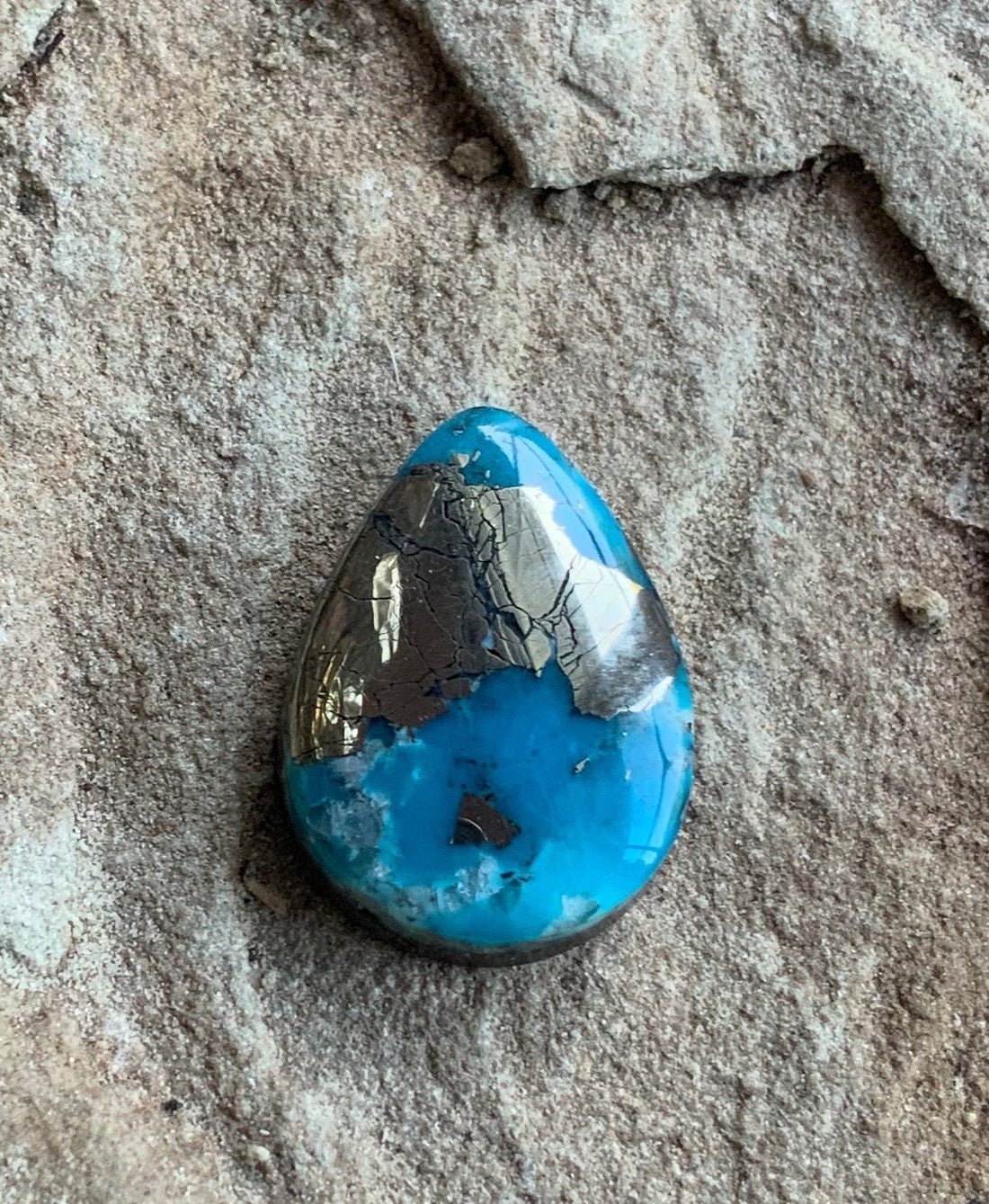 Beautiful High Grade Ithaca Peak Turquoise Teardrop Cabochon With Silver Pyrite & Quartz Inclusions