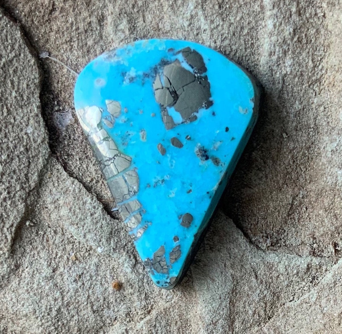 Beautiful Ithaca Peak Turquoise Blue High Grade Triangle Cabochon With Pyrite #114