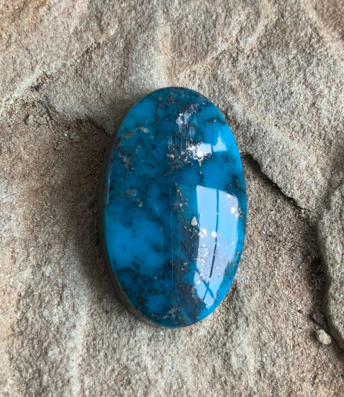 Beautiful Blue High Grade Ithaca Peak Turquoise Oval Cabochon With Silver Pyrite