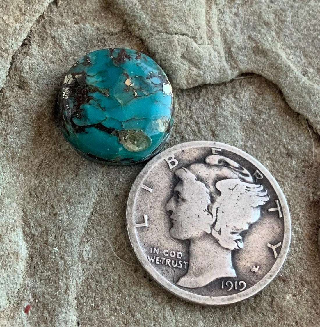 Natural Kingman Turquoise Small Round Cabochon with Silver Pyrite