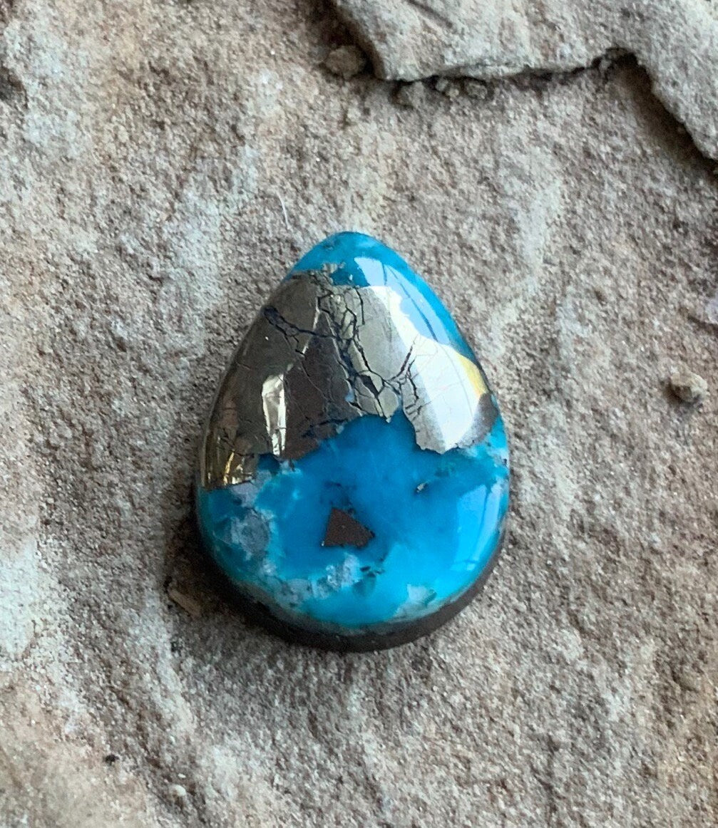 Beautiful High Grade Ithaca Peak Turquoise Teardrop Cabochon With Silver Pyrite & Quartz Inclusions