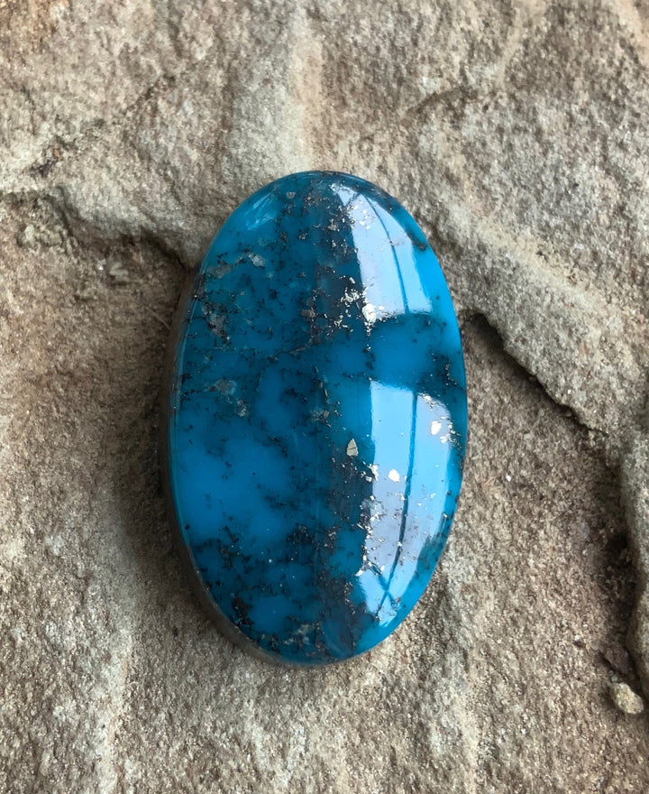 Beautiful Blue High Grade Ithaca Peak Turquoise Oval Cabochon With Silver Pyrite