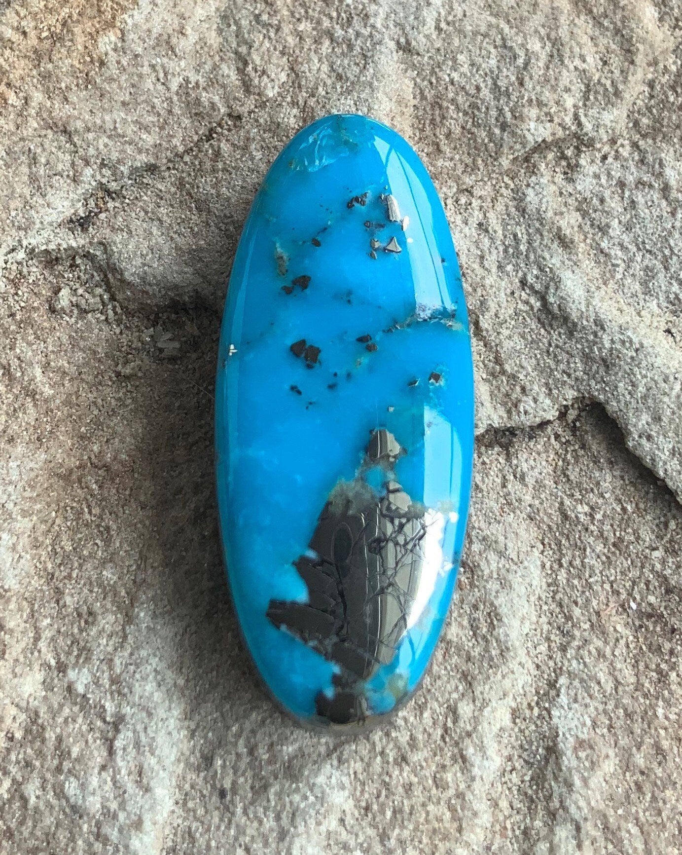 Ithaca Peak Turquoise High Grade Long Oval Cabochon With Silver Pyrite #IP118