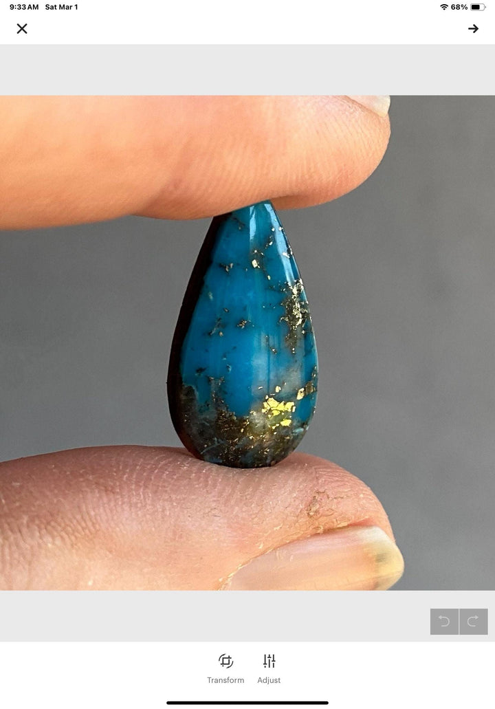 High Grade Ithaca Peak Turquoise Teardrop Cabochon With Pyrite & Quartz Inclusions IP115