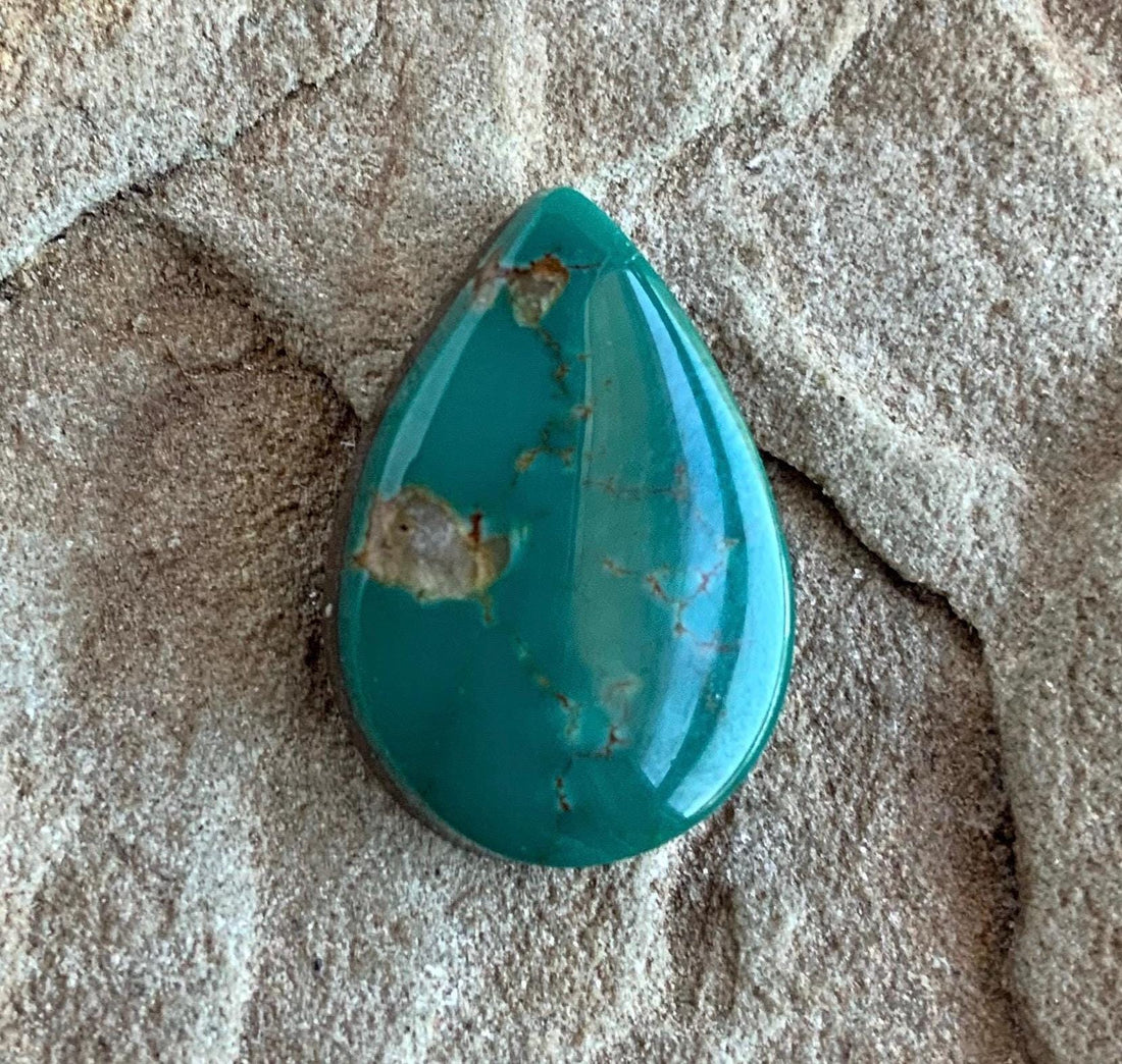 Beautiful Royston Turquoise Green Teardrop Cabochon With Quartz Inclusions