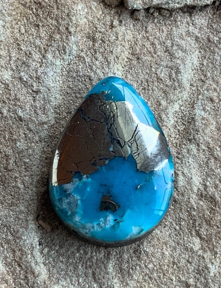 Beautiful High Grade Ithaca Peak Turquoise Teardrop Cabochon With Silver Pyrite & Quartz Inclusions