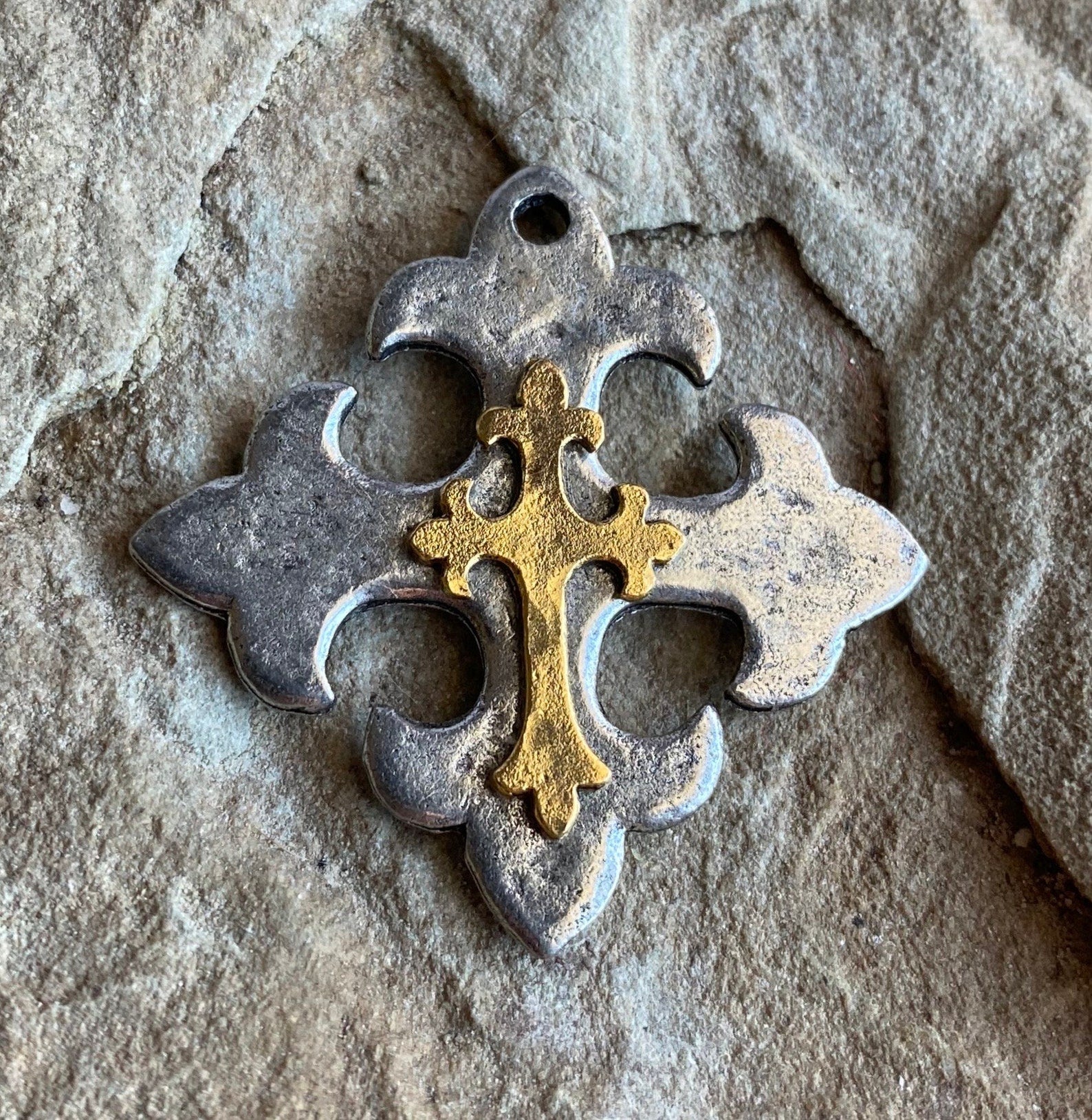 Hammered Celtic Maltese Pewter Cross Pendant With Gold Cross Overlay