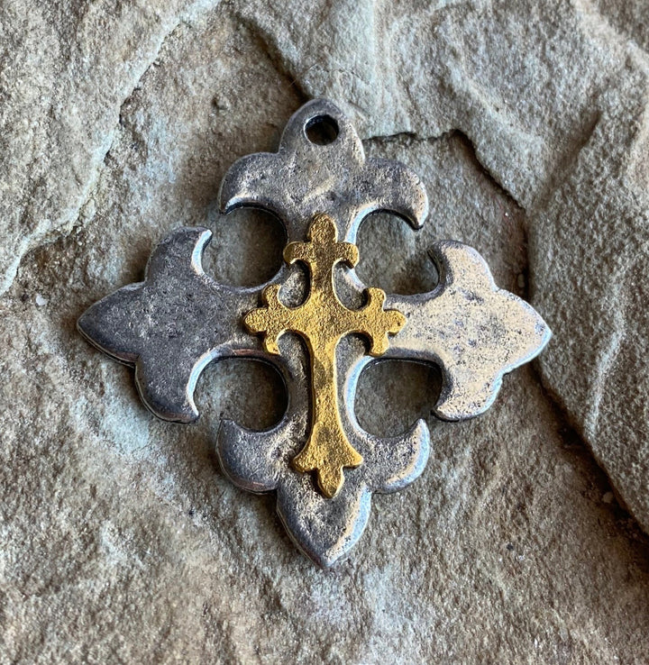 Hammered Celtic Maltese Pewter Cross Pendant With Gold Cross Overlay