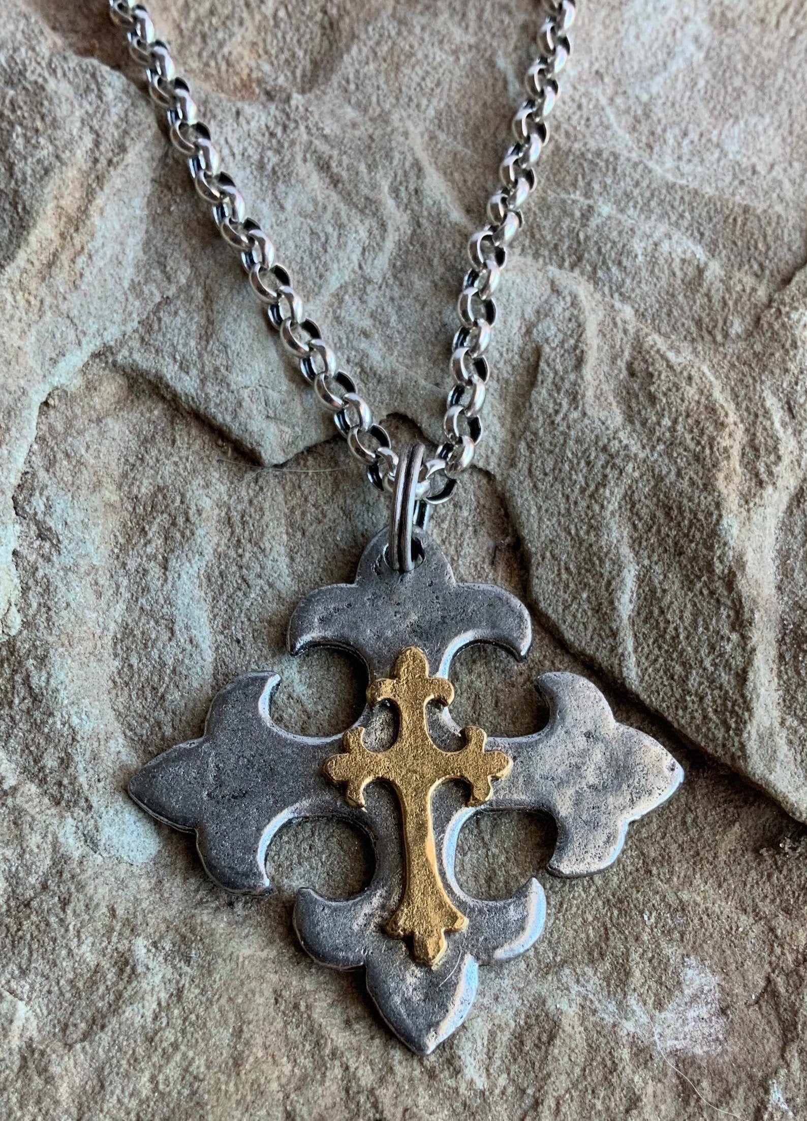 Hammered Celtic Maltese Pewter Cross Pendant With Gold Cross Overlay
