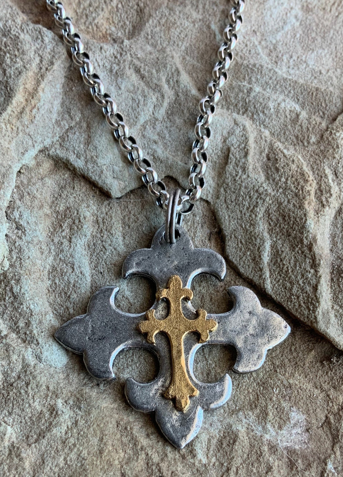 Hammered Celtic Maltese Pewter Cross Pendant With Gold Cross Overlay