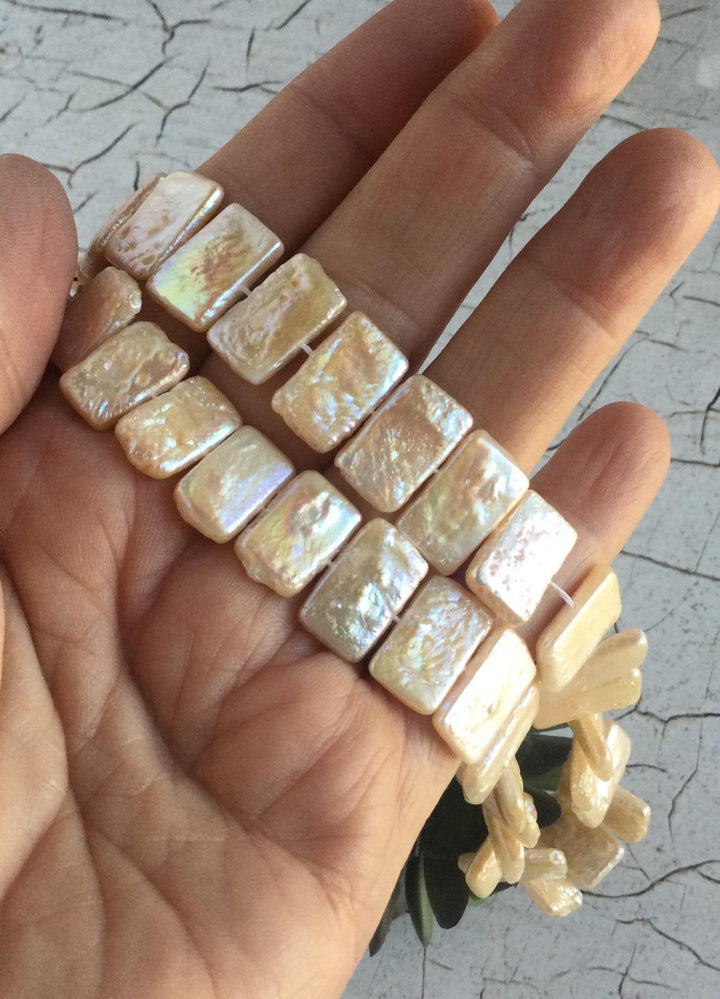 Beautiful 15 mm Rectangular Flat Peachy Pink Freshwater Pearls Full Strand