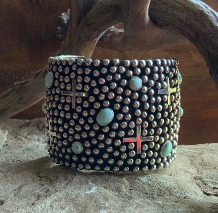 Sterling Silver Crosses And Dry Creek Turquoise Bracelet By Ronnie Willie-Navajo