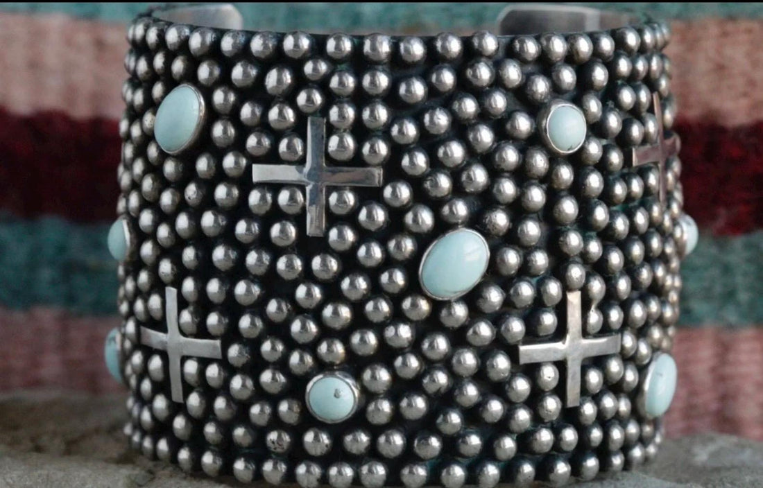 Sterling Silver Crosses And Dry Creek Turquoise Bracelet By Ronnie Willie-Navajo