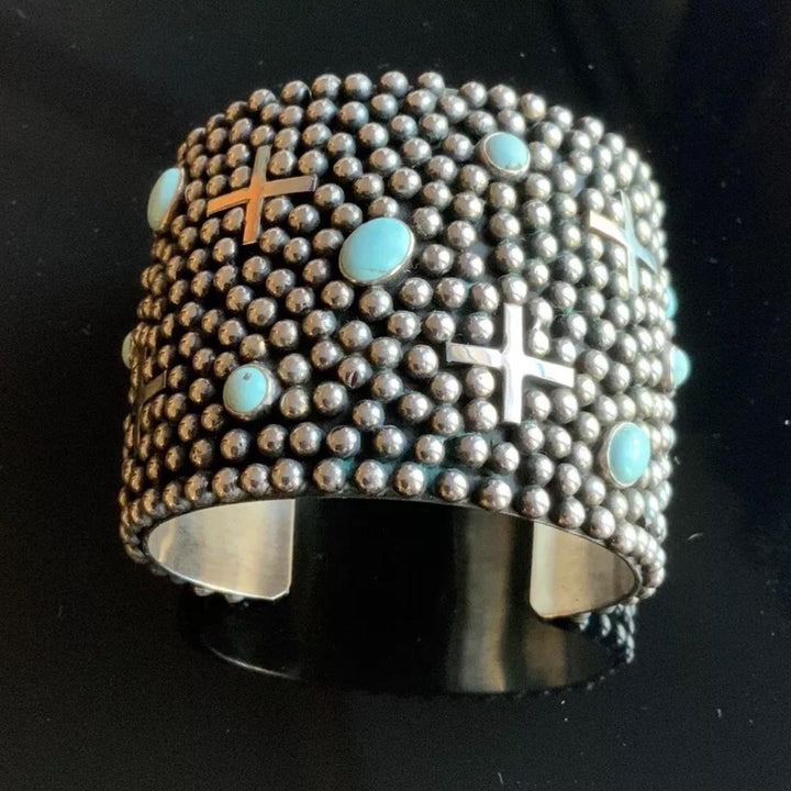 Sterling Silver Crosses And Dry Creek Turquoise Bracelet By Ronnie Willie-Navajo