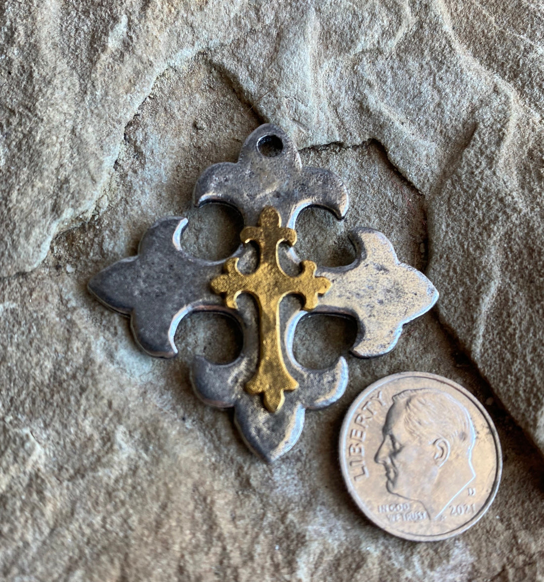 Hammered Celtic Maltese Pewter Cross Pendant With Gold Cross Overlay