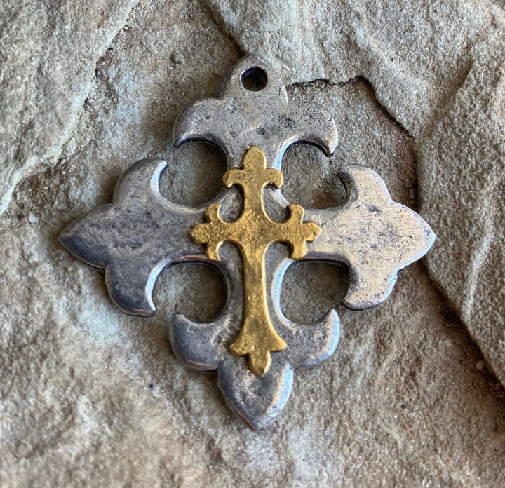 Hammered Celtic Maltese Pewter Cross Pendant With Gold Cross Overlay