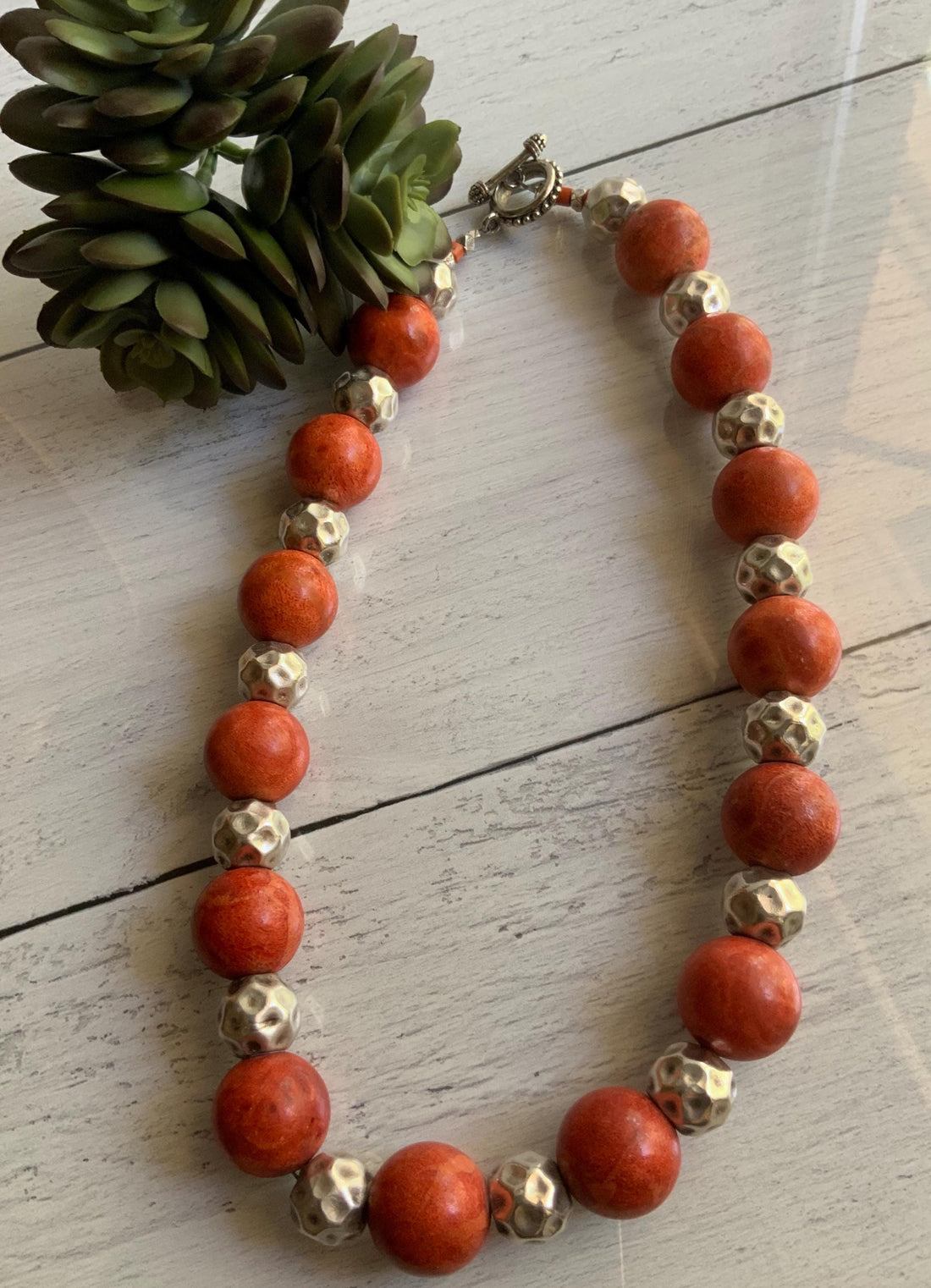 Coral And Sterling Silver Beaded Statment Necklace