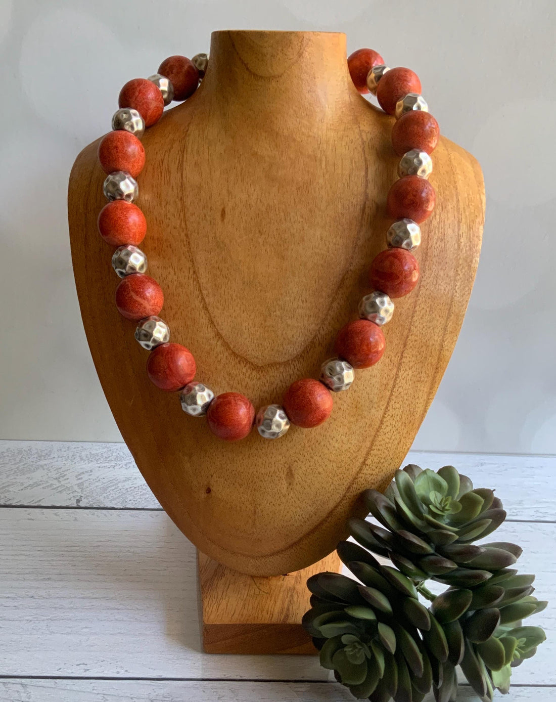 Coral And Sterling Silver Beaded Statment Necklace