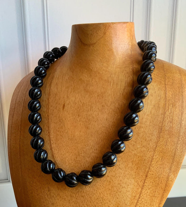 Raven Black Carved Onyx 14 mm Bead Necklace