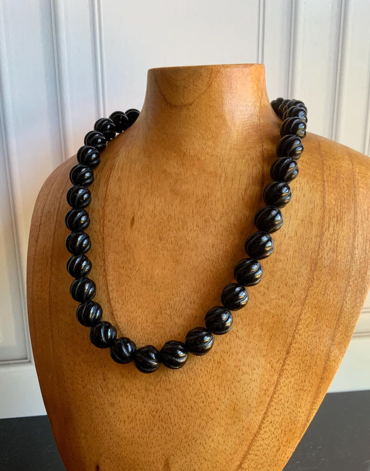 Raven Black Carved Onyx 14 mm Bead Necklace