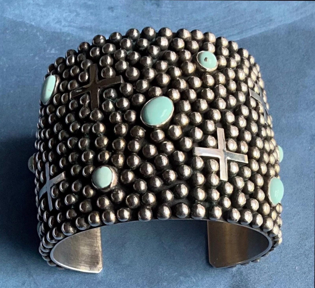 Sterling Silver Crosses And Dry Creek Turquoise Bracelet By Ronnie Willie-Navajo