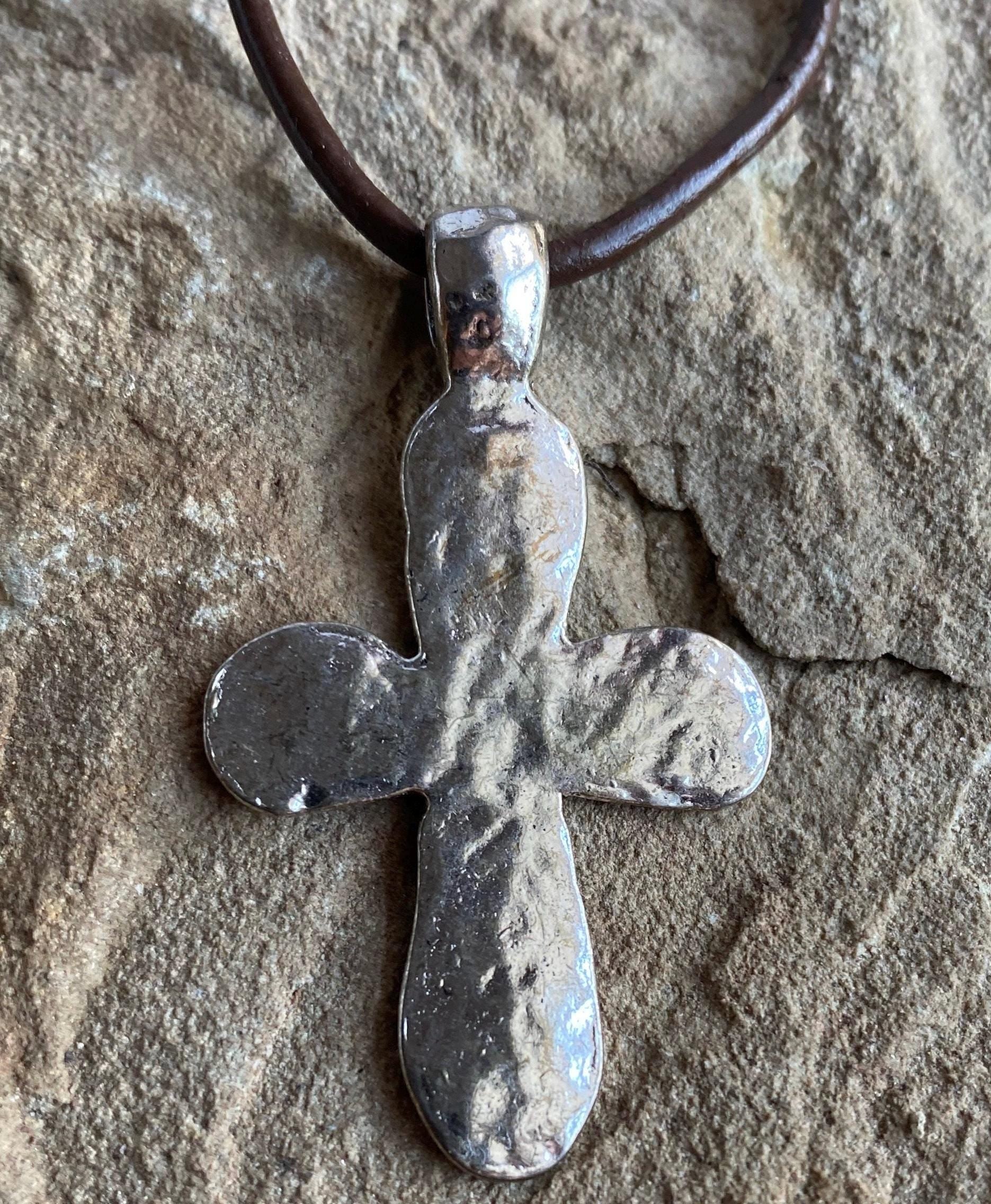 Silver Rustic Hammered Pewter Cross Pendant