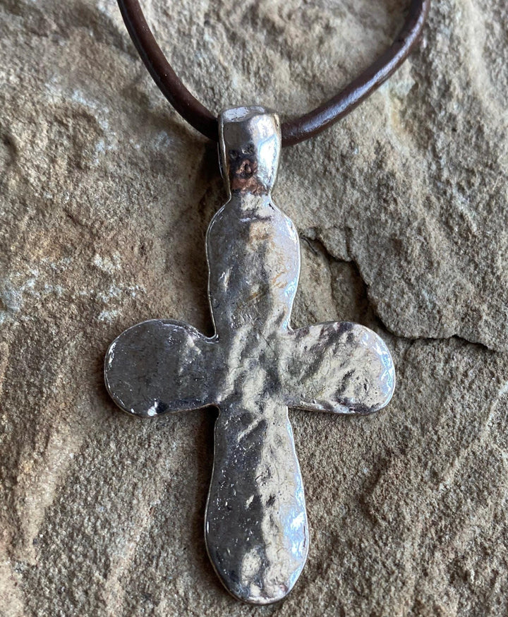 Silver Rustic Hammered Pewter Cross Pendant